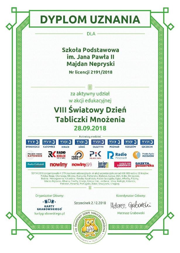 Certyfikat VIII Światowy Dzień Tabliczki Mnożenia