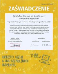 Zaświadczenie z Polskiego Centrum Programu Safer Internet