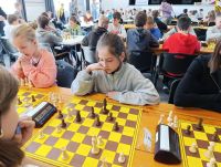 Uczestnicy turnieju przy szachownicach